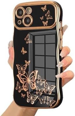 Cassa per telefono per iPhone 13, telaio a onde ricci, lussuoso disegno di farfalla rivestito, cerchiera in oro TPU a prova di urti