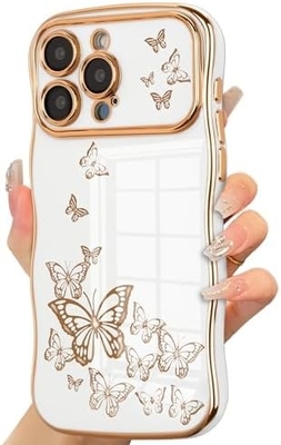 Cassa per telefono per iPhone 13, telaio a onde ricci, lussuoso disegno di farfalla rivestito, cerchiera in oro TPU a prova di urti