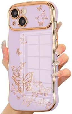 Cassa per telefono per iPhone 13, telaio a onde ricci, lussuoso disegno di farfalla rivestito, cerchiera in oro TPU a prova di urti