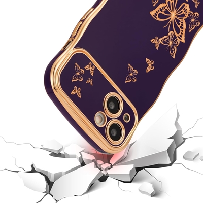 Cassa per telefono per iPhone 13, telaio a onde ricci, lussuoso disegno di farfalla rivestito, cerchiera in oro TPU a prova di urti