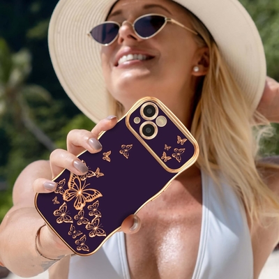 Cassa per telefono per iPhone 13, telaio a onde ricci, lussuoso disegno di farfalla rivestito, cerchiera in oro TPU a prova di urti