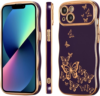 Cassa per telefono per iPhone 13, telaio a onde ricci, lussuoso disegno di farfalla rivestito, cerchiera in oro TPU a prova di urti