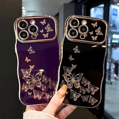 Cassa per telefono per iPhone 13, telaio a onde ricci, lussuoso disegno di farfalla rivestito, cerchiera in oro TPU a prova di urti