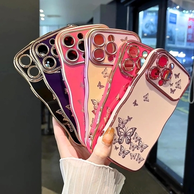 Cassa per telefono per iPhone 13, telaio a onde ricci, lussuoso disegno di farfalla rivestito, cerchiera in oro TPU a prova di urti