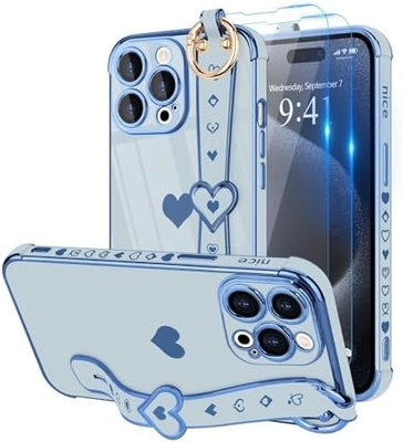 iPhone 12 Pro Cute Love-Heart Plating Strap Phone Cover per donne ragazze Bling Silicone Camera Lens Protezione Bumper