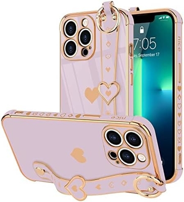 iPhone 12 Pro Cute Love-Heart Plating Strap Phone Cover per donne ragazze Bling Silicone Camera Lens Protezione Bumper