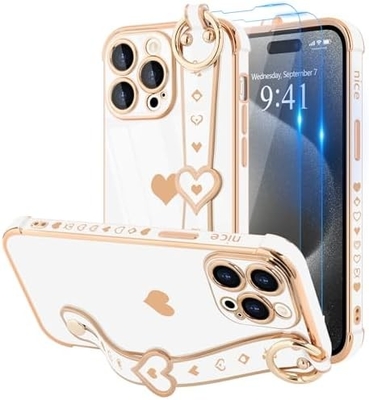 iPhone 12 Pro Cute Love-Heart Plating Strap Phone Cover per donne ragazze Bling Silicone Camera Lens Protezione Bumper