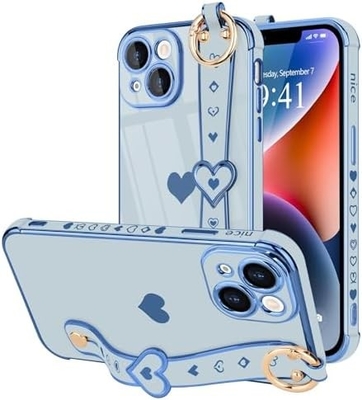 iPhone 12 Pro Cute Love-Heart Plating Strap Phone Cover per donne ragazze Bling Silicone Camera Lens Protezione Bumper