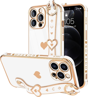iPhone 12 Pro Cute Love-Heart Plating Strap Phone Cover per donne ragazze Bling Silicone Camera Lens Protezione Bumper