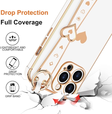 iPhone 12 Pro Cute Love-Heart Plating Strap Phone Cover per donne ragazze Bling Silicone Camera Lens Protezione Bumper