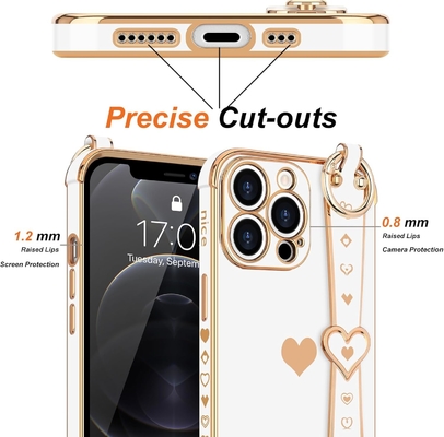 iPhone 12 Pro Cute Love-Heart Plating Strap Phone Cover per donne ragazze Bling Silicone Camera Lens Protezione Bumper