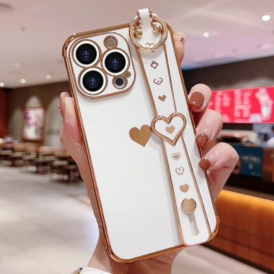 iPhone 12 Pro Cute Love-Heart Plating Strap Phone Cover per donne ragazze Bling Silicone Camera Lens Protezione Bumper
