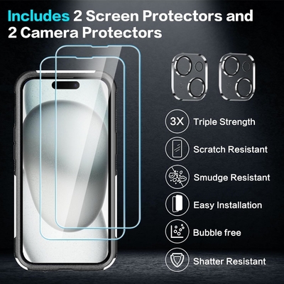 [5 in 1 per iphone 15 Plus Cassa, con 2 pacchetti di screen protector + 2 pacchetti di camera protector obiettivo, Heavy-Duty resistente robusto