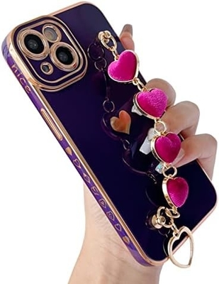 per iPhone 12 Pro Max Case,Cute Plating Love Heart Wrist Strap Chain Bracelet Soft Compatibile con