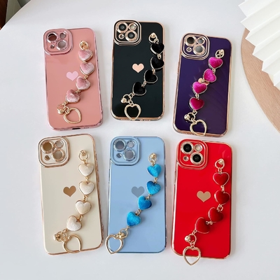 per iPhone 12 Pro Max Case,Cute Plating Love Heart Wrist Strap Chain Bracelet Soft Compatibile con