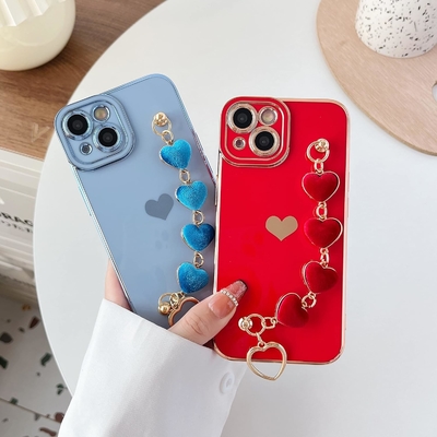 per iPhone 12 Pro Max Case,Cute Plating Love Heart Wrist Strap Chain Bracelet Soft Compatibile con