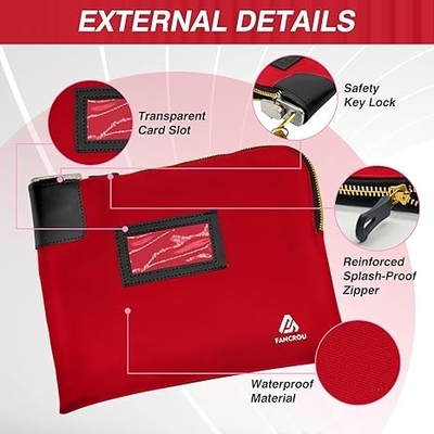 Borsa impermeabile con serratura e 2 chiavi, borsa di denaro con cerniera, borse di sicurezza per contanti, borsa di deposito bancaria di denaro durevole, borsa per documenti in nylon, borsa per monete, borsa di contanti, 11 x 9 pollici, rosso