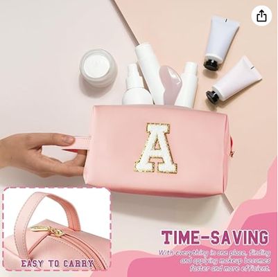 Pochette Trucco Iniziale Personalizzata con Manico, Beauty Case Preppy con Tasca Interna con Cerniera, Ragazza di 8 9 10 11 12 13 14 Anni, Regali di Laurea per Ragazze Adolescenti Donne Insegnanti