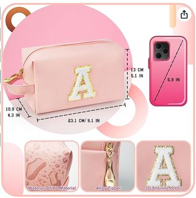 Pochette Trucco Iniziale Personalizzata con Manico, Beauty Case Preppy con Tasca Interna con Cerniera, Ragazza di 8 9 10 11 12 13 14 Anni, Regali di Laurea per Ragazze Adolescenti Donne Insegnanti