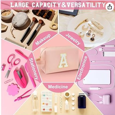 Pochette Trucco Iniziale Personalizzata con Manico, Beauty Case Preppy con Tasca Interna con Cerniera, Ragazza di 8 9 10 11 12 13 14 Anni, Regali di Laurea per Ragazze Adolescenti Donne Insegnanti