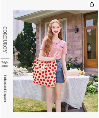 Borsa Tote Donna Ragazze, Grande Capacità in Velluto a Coste Riutilizzabile per la Spesa con Interno