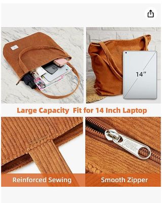 KALIDI Borsa Tote in Velluto a Coste da Donna con Cerniera, Borsa a Mano Casual, Borsa a Spalla Grande Capacità con Tasche