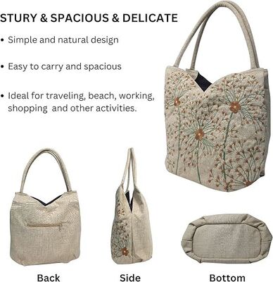 Embroidered Handbags for Women, Large Beads Flower Shoulder Tote Bag with Zipper Fabric Hobo Bags, Mother's Day Bag