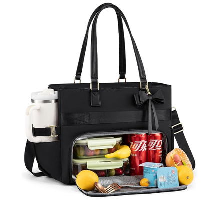 Lunch Tote Bag for Women, Insulated Lunch Bag with Laptop Compartment, Large Capacity Work Tote with Cup Holder, Water Resistant Insulated Bag Leakproof for Teacher Nurse, Office, 15.6 Inch