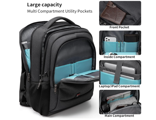 Zaino per laptop da 17 pollici da viaggio Zaino universitario resistente all'acqua per uomo/donna Borsa per laptop con porta di ricarica USB, nero