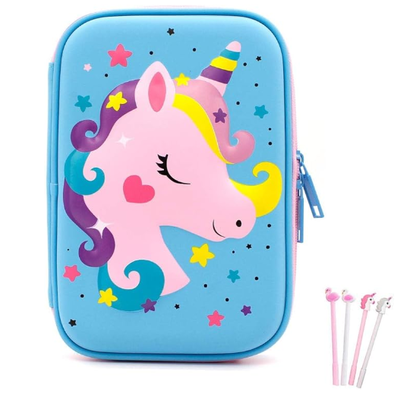 3D Cute EVA Unicorn Pen Bag Stationery Box Anti-Shock Large Capacity Multi-Compartment per la scuola con 4 penne unicorno; EVA confezioni cuscini conchiglia