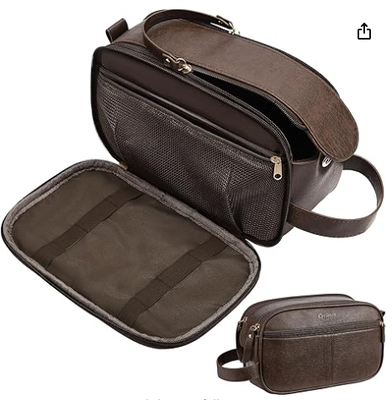 PU Leather Toiletry Bag for Men, Brown | Travel Toiletry Organizer for Grooming, Shaving Bag for Toiletries Accessories, Bathroom Essentials