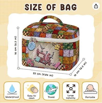 Borsa per trucco trapuntata grande, custodia da viaggio per cosmetici con cartamodello vintage per cucito per donna, organizer per articoli da toeletta estetico patchwork con manico, pennelli per la cura della pelle, accessori