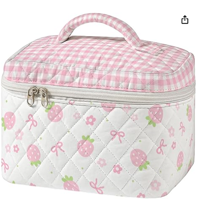 Borsa per trucco trapuntata grande, custodia da viaggio per cosmetici con cartamodello vintage per cucito per donna, organizer per articoli da toeletta estetico patchwork con manico, pennelli per la cura della pelle, accessori