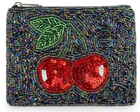 Portamonete con perline e cerniera, porta spiccioli, ciliegia | Lavorazione a mano con perline, organizer compatto, porta contanti, porta carte, pochette per trucchi, accessorio da regalo, per tutti i giorni