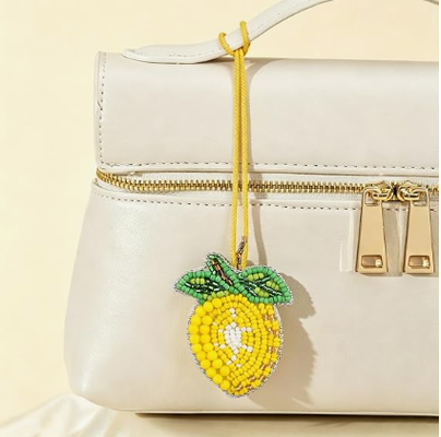 5PCS Ciondolo per Borsa con Perline e Toppe, Ciondolo Frutta per Borsette Estive, Portachiavi | Piccolo Ciondolo per Borsa, Pitaya Melograno Anguria Arancia Limone, Perline e Strass, Cucito a Mano