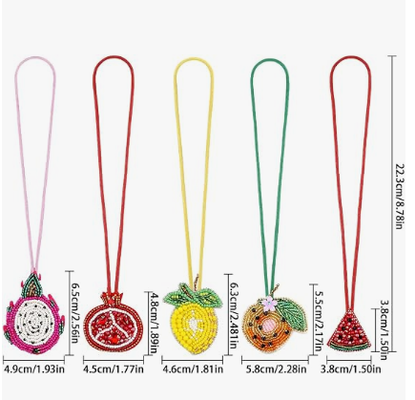 5PCS Ciondolo per Borsa con Perline e Toppe, Ciondolo Frutta per Borsette Estive, Portachiavi | Piccolo Ciondolo per Borsa, Pitaya Melograno Anguria Arancia Limone, Perline e Strass, Cucito a Mano