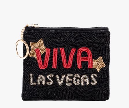 Borsa portamonete resistente con dettagli in perline di vetro e acrilico sul davanti e sul retro, chiusura sicura con zip e portachiavi color oro, perfetta per tutti i giorni