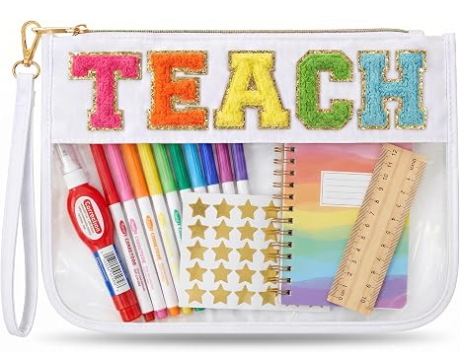 Borsa per il trucco per insegnanti, regalo di laurea per donne | Simpatica pochette organizer con lettere in chenille TEACH. Perfetti regali di fine anno per insegnanti, trousse trasparente e articoli essenziali per borse da insegnante
