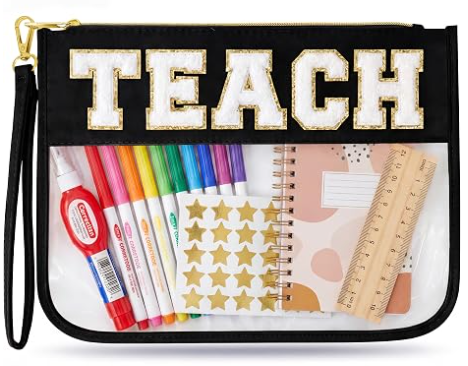 Borsa per il trucco per insegnanti, regalo di laurea per donne | Simpatica pochette organizer con lettere in chenille TEACH. Perfetti regali di fine anno per insegnanti, trousse trasparente e articoli essenziali per borse da insegnante