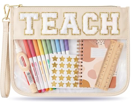 Borsa per il trucco per insegnanti, regalo di laurea per donne | Simpatica pochette organizer con lettere in chenille TEACH. Perfetti regali di fine anno per insegnanti, trousse trasparente e articoli essenziali per borse da insegnante