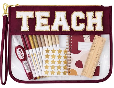 Borsa per il trucco per insegnanti, regalo di laurea per donne | Simpatica pochette organizer con lettere in chenille TEACH. Perfetti regali di fine anno per insegnanti, trousse trasparente e articoli essenziali per borse da insegnante