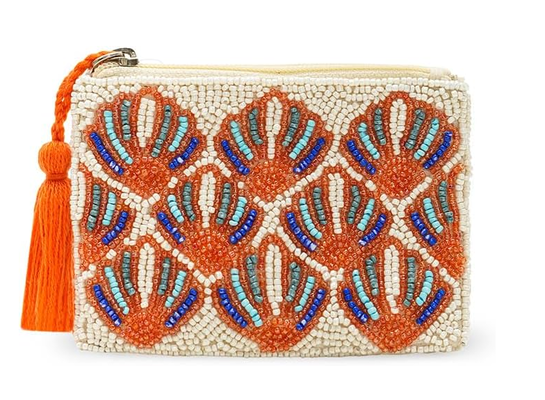 America & Beyond Pochette con Perline a Tema Conchiglia || Borsetta a Conchiglia Fatta a Mano con Perline || Pochette con Zip per Monete da Donna || Mini Pochette Costiera