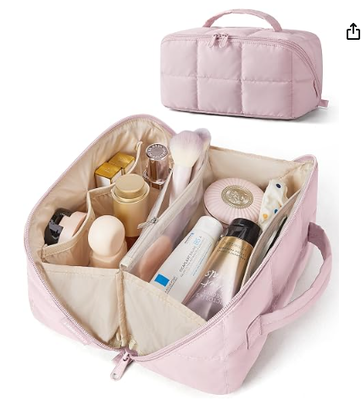 Beauty case da viaggio, organizer per articoli da toeletta ad apertura ampia 25 * 13 * 13 cm si apre piatto a 26 cm di larghezza, idrorepellente, PVC anti-perdite e scomparti per pennelli, adatta a trucchi di dimensioni standard, approvato TSA